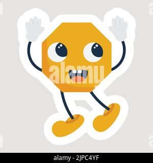 Sticker-Stil Lustige Gelbe Nonagon-Form Cartoon In Sprinender Pose Stock Vektor