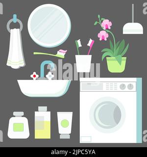 Vector flache Illustration von Satz von Elementen, Dinge für das Bad Interieur. Waschbecken, Spiegel, Blume, Kosmetik, Handtuch, Wäschekorb, Waschmaschine Stock Vektor