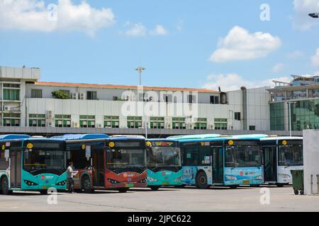 Busse standen an einem lokalen Busbahnhof in der chinesischen Stadt Shenzhen an. Die Stadt nutzt nur Elektrobusse. Stockfoto