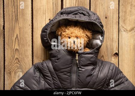 Brauner Teddybär für Kinder in kamisheniger Kinder-Winterjacke auf dem Tisch, modische Winterkleidung für Kinder und Teddybär Stockfoto