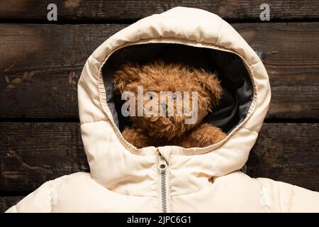 Brauner Teddybär für Kinder in kamisheniger Kinder-Winterjacke auf dem Tisch, modische Winterkleidung für Kinder und Teddybär Stockfoto