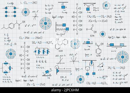 Kalkül-Gleichungen, Algebra, organische Chemie, chemische Reaktionen, chemische Elemente, Physik, geradlinige Bewegung, Statik, Elektromagnetismus, Frictio Stock Vektor