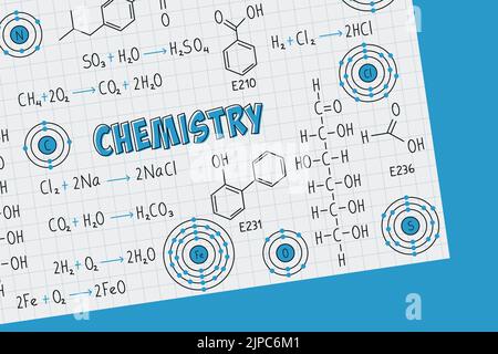 Übungsnotizen, chemische Formeln und Gleichungen, organische Chemie, chemische Reaktionen, Strukturformel, Atome chemischer Elemente, mit Gitter SHE Stock Vektor