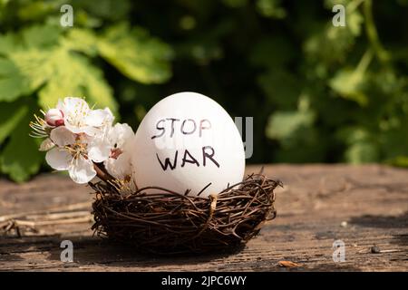 Stop war steht auf einem weißen Hühnerei geschrieben, das in einem Strohkorb in der Sonne auf einem Bauernhof liegt, Frieden in der Ukraine Stockfoto