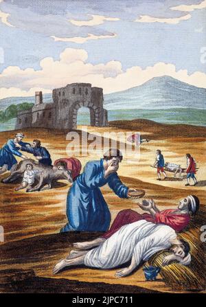 Ein Passant bietet einem Sterbenden Wasser an. Während des Ausbruchs der Pest wären in vielen europäischen Städten vom 15.. Bis zum 17.. Jahrhundert Elemente in diesem Bild aus dem 17.. Jahrhundert vorhanden gewesen. Spätere Farbgebung. Stockfoto