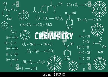 Übungsnotizen, chemische Formeln und Gleichungen, organische Chemie, chemische Reaktionen, Strukturformel, Atome chemischer Elemente, mit grünem Cha Stock Vektor