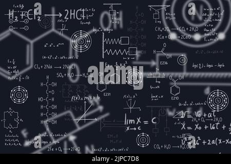 Kalkül-Gleichungen, Algebra, organische Chemie, chemische Reaktionen, chemische Elemente, Physik, geradlinige Bewegung, Statik, Elektromagnetismus, Frictio Stock Vektor