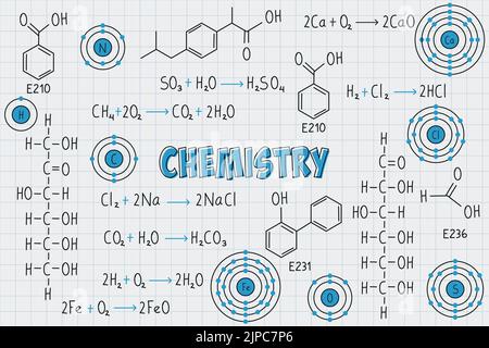 Übungsnotizen, Formeln und Gleichungen der Chemie, der organischen Chemie, der chemischen Reaktionen, der Strukturformel, der Atome chemischer Elemente, mit Gitter Stock Vektor