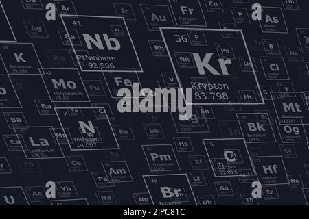 Hintergrund in der Perspektive der chemischen Elemente des Periodensystems, Ordnungszahl, Atomgewicht, Name und Symbol des Elements auf einem schwarzen Rücken Stock Vektor