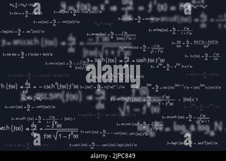 Gleichungen und Formeln von Logarithmen, Derivaten, trigonometrischen, logarithmischen, hyperbolischen und inversen auf schwarzem Hintergrund Stock Vektor