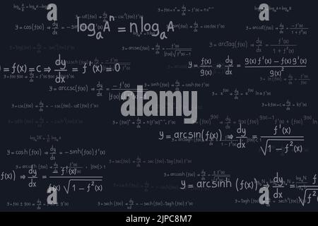 Logarithmische, derivative, trigonometrische, logarithmische, hyperbolische und inverse Gleichungen und Formeln auf schwarzem Hintergrund Stock Vektor