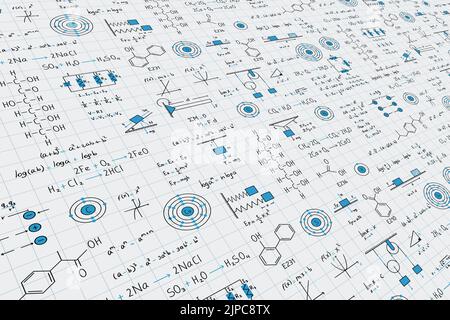 Kalkül-Gleichungen, Algebra, organische Chemie, chemische Reaktionen, chemische Elemente, Physik, geradlinige Bewegung, Elektromagnetismus, Energie auf einem Gitter Stock Vektor