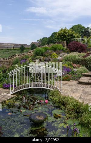 Kleine weiße Zierbrücke über einen Teich in einem Dorfgarten, Blick auf die Landschaft dahinter, Gayton, Northamptonshire, Großbritannien Stockfoto