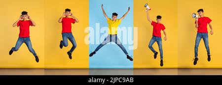Collage. Porträts eines jungen Mannes in legerer Kleidung, der in einem Sprung isoliert auf blaugelbem Studiohintergrund posiert Stockfoto