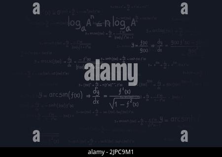 Logarithmische, derivative, trigonometrische, logarithmische, hyperbolische und inverse Gleichungen und Formeln auf schwarzem Hintergrund Stock Vektor