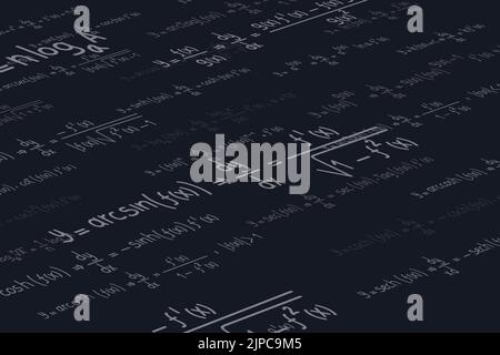 Logarithmische, derivative, trigonometrische, logarithmische, hyperbolische und inverse Gleichungen und Formeln auf schwarzem Hintergrund perspektivisch Stock Vektor