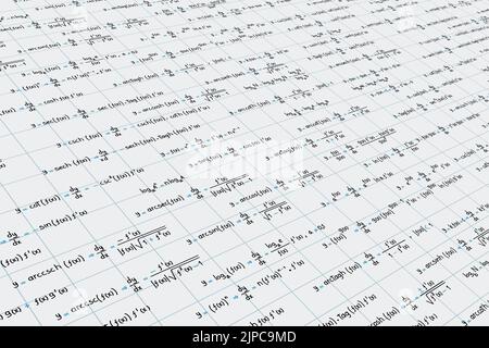 Logarithmische, derivative, trigonometrische, logarithmische, hyperbolische und inverse Gleichungen und Formeln auf dem Hintergrund des perspektivischen Gitters Stock Vektor