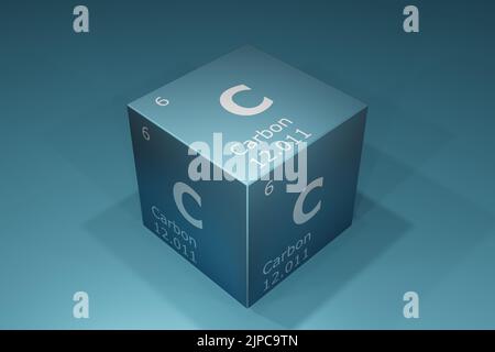 Kohlenstoff, 3D Darstellung von Symbolen der Elemente des Periodensystems, Ordnungszahl, Atomgewicht, Name und Symbol. Bildung, Wissenschaft und Technik Stockfoto