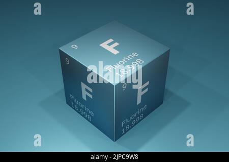 Fluor, 3D Darstellung von Symbolen der Elemente des Periodensystems, Ordnungszahl, Atomgewicht, Name und Symbol. Bildung, Wissenschaft und Technik Stockfoto