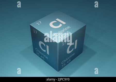 Chlor, 3D Darstellung der Symbole der Elemente des Periodensystems, Ordnungszahl, Atomgewicht, Name und Symbol. Bildung, Wissenschaft und Technik Stockfoto