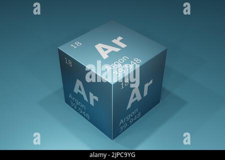 Argon, 3D Darstellung von Symbolen der Elemente des Periodensystems, Ordnungszahl, Atomgewicht, Name und Symbol. Bildung, Wissenschaft und Technologie Stockfoto