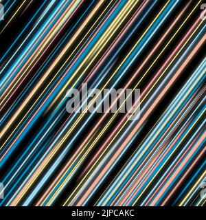 Diagonal Striped Glowing Lines Neonstreifen mit hellen, farbenfrohen, abstrakten Bewegungs- und Geschwindigkeitslinien auf schwarzem Hintergrund für Tapeten Stockfoto