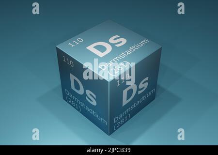 Darmstadtium, 3D Darstellung von Symbolen der Elemente des Periodensystems, Ordnungszahl, Atomgewicht, Name und Symbol. Bildung, Wissenschaft und tec Stockfoto