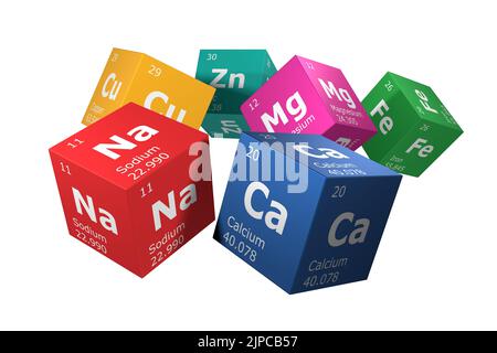 3D Darstellung der Elemente des Periodensystems, Natrium, Kalzium, Zink, Magnesium, Eisen und Kupfer. Bildung, Wissenschaft, Technologie und Ingenieurwesen Stockfoto