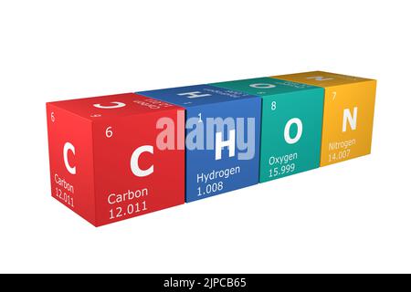 3D Darstellung von Würfeln der Elemente des Periodensystems, Kohlenstoff, Wasserstoff, Sauerstoff und Stickstoff. Wissenschaft, Technologie und Technik. 3D illustrati Stockfoto