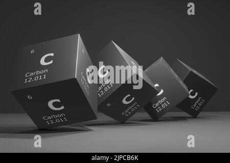 3D Darstellung von Kohlenstoff, chemisches Element des Periodensystems. Bildung, Wissenschaft und Technologie. 3D Abbildung Stockfoto
