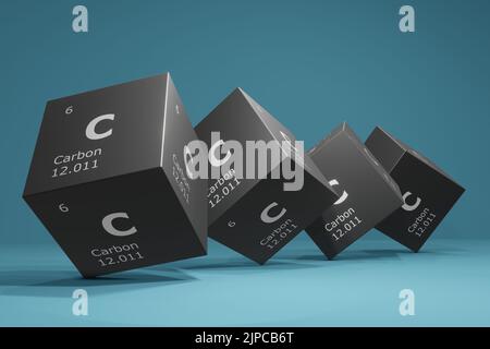 3D Darstellung von Kohlenstoff, chemisches Element des Periodensystems. Bildung, Wissenschaft und Technologie. 3D Abbildung Stockfoto