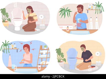 Menschen, die an Schmerzen und Übelkeit leiden, 2D Vektordarstellungen mit isolierten Illustrationen Stock Vektor