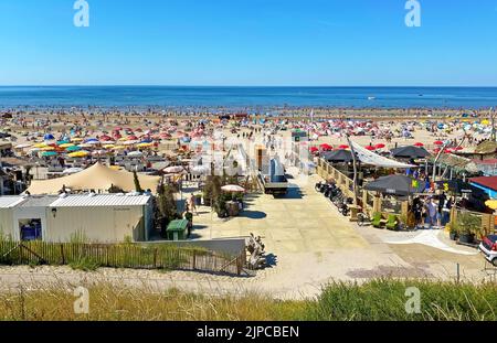 Zandvoort, Niederlande - August 12. 2022: Blick von den Dünen auf den überfüllten holländischen Nordseestandstrand am sonnigen Sommerwochenende Stockfoto