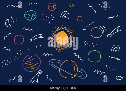 Space Flat Vektor Hintergrund mit Planeten, Mond, Jupiter, Satellit und Sternen. Handzeichnung Cartoon Illustration eines Raumes Doodle. Vektordarstellung Stock Vektor