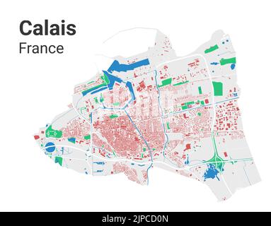 Vektorkarte Calais. Detaillierte Karte des Verwaltungsgebiets der Stadt Calais. Stadtbild-Panorama. Lizenzfreie Vektorgrafik. Straßenkarte mit Autobahnen, Rive Stock Vektor