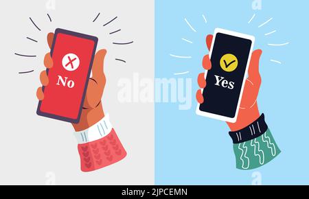 Hand hält ein Smartphone auf isoliertem Hintergrund. Benachrichtigung über die Annahme der Nachricht auf dem Mobiltelefon. Vektorgrafik. Flaches Cartoon-Design für uns Stock Vektor