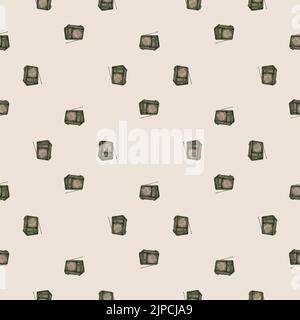 Retro-Fernseher mit gravierten nahtlosen Mustern. Vintage-Fernseher mit Antenne im handgezeichneten Stil. Skizzenstruktur für Stoff, Tapete, Textil, Druck, Titel, Stock Vektor