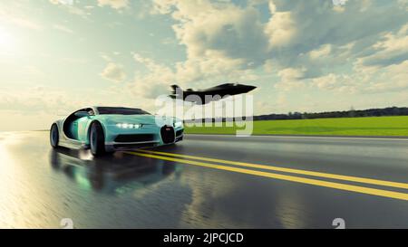 Ein auf der Straße fahrende Auto von einem kleinen, fliegenden Flugzeug Stockfoto