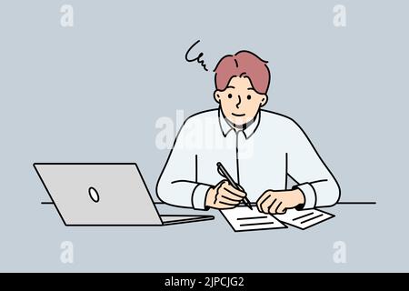 Ein junger Mann sitzt am Schreibtisch und macht sich Notizen auf Papier. Kerl, der online am Computer studiert und im Notebook schreibt. Bildung und Fernarbeit. Vektorgrafik. Stock Vektor