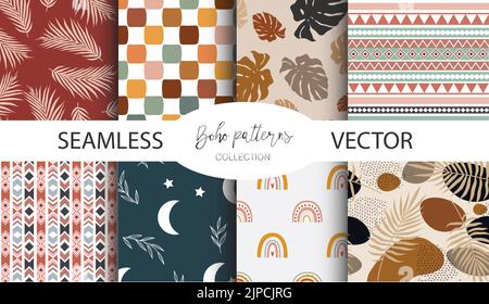 Sammlung von Boho, Bali Nahtlose Muster. Grafikset für Hintergründe, Hochzeitseinladungen, Partyflyer, Eventbroschüren, Papierpaket, Von Hand gezeichnet Stock Vektor