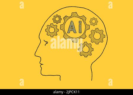 Menschliche Gehirnform aus rotierenden Zahnrädern im Inneren des menschlichen Kopfes auf Gelb. Konzept der künstlichen Intelligenz. Stockfoto