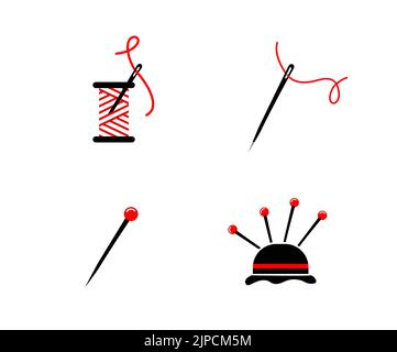 Symbole für Schneider eingestellt. Sammelnadel mit rotem Faden. Nadelkasten. Spulengewinde. Vektornähen von Symbolen. Stock Vektor