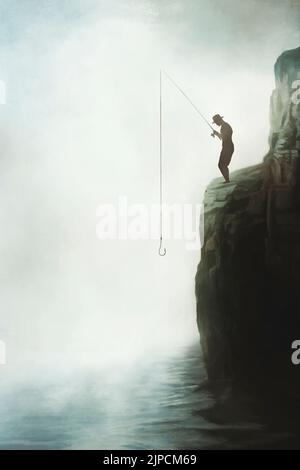 Fischer auf einem Felsen hofft auf reichlich Fischerei, Konzept des Erfolgs Stockfoto