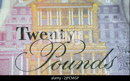 Eine Nahaufnahme von £20 zwanzig Pfund Bargeldrechnung Sterling Polymer Banknote von der Bank von England, die die Königin und J. M. W. Turner, selecti zeigt Stockfoto