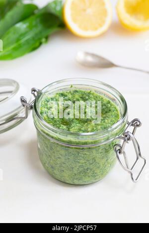 Frisch zubereitetes Pesto aus wildem Knoblauch. Stockfoto