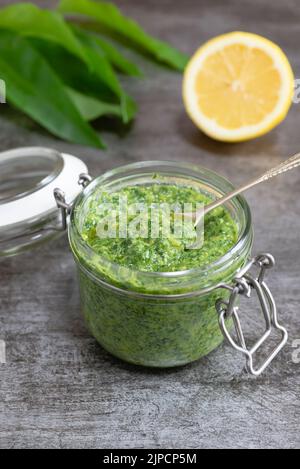 Frisch zubereitetes Pesto aus wildem Knoblauch. Stockfoto