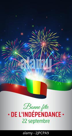 22. September, tag der Unabhängigkeit malis. Flagge und buntes Feuerwerk auf blauem Nachthimmel Hintergrund. Nationalfeiertag in Mali. Grußkarte. Vektor Stock Vektor