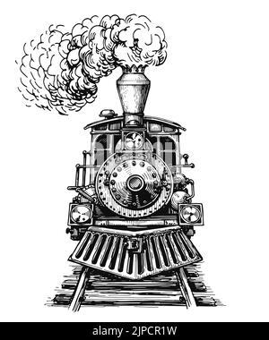 Alte Lokomotive oder Zug auf der Eisenbahn. Retro-Transport. Handgezeichnete Skizzenvektor-Illustration im Vintage-Gravurstil Stock Vektor