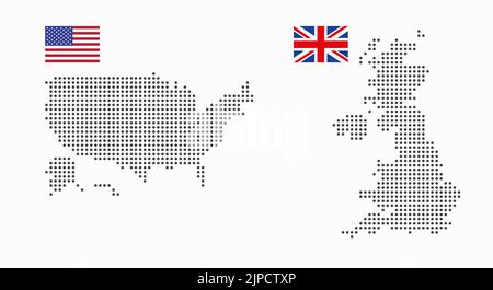 Amerikanische und britische gepunktete Karte mit Flagge. Länder, die an der Gas- und politischen Krise beteiligt sind. Flache Vektorgrafik isoliert auf weißem Hintergrund. Stock Vektor