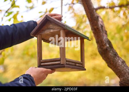 Vogelfutterhäuschen aus Holz, das im Winter in der Stadt überwintern bleibt. Im Herbstpark hängt der Mensch Vogelfutterhäuschen an einem Baum mit gelben Blättern Stockfoto